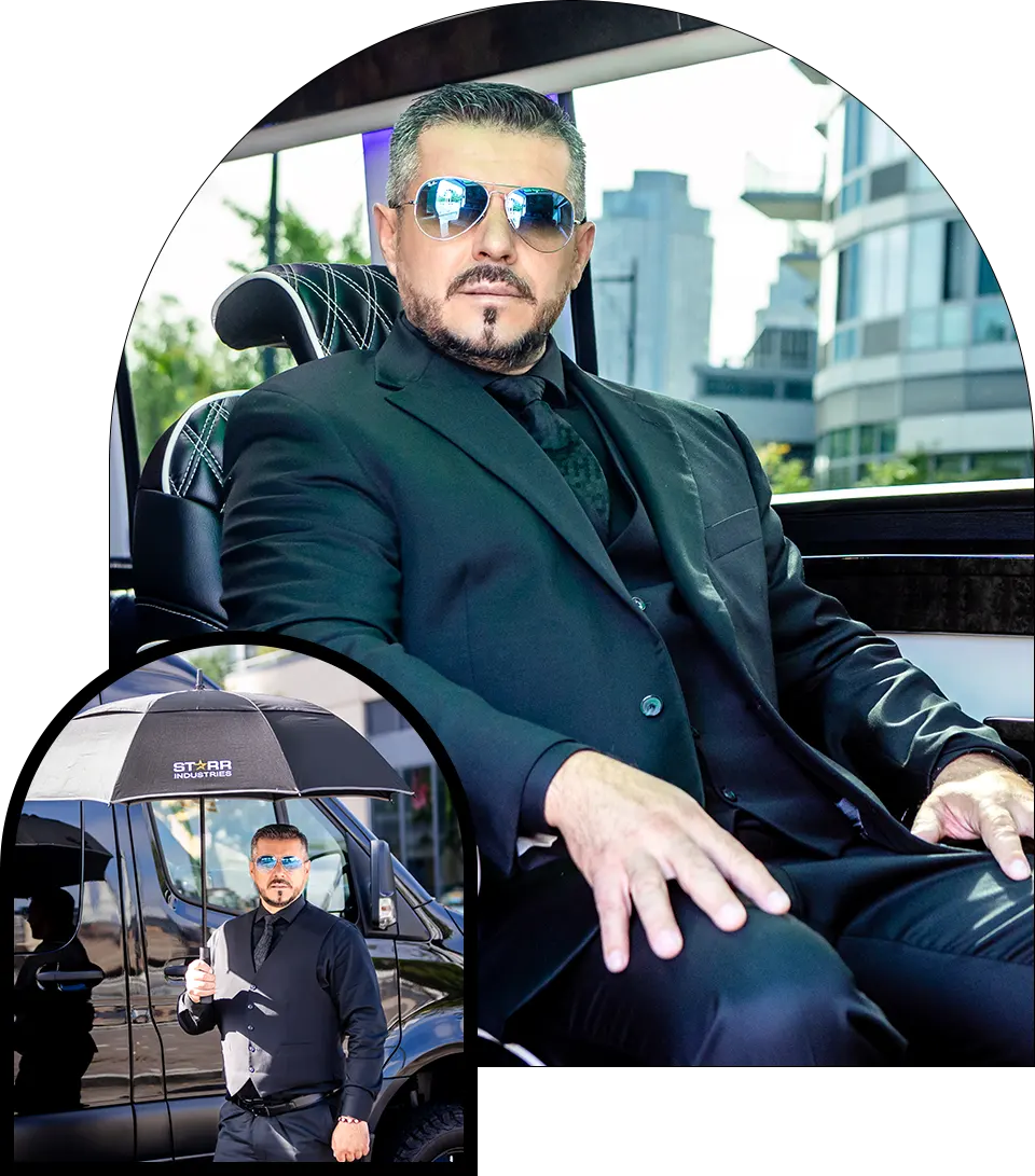 A man in black suit and sunglasses sitting on a chair.